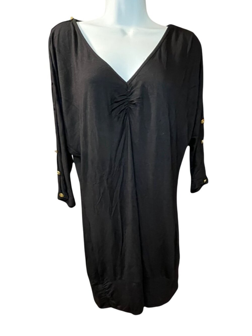 Miss Tina NEW Large Black V-Neck Ruched Sleeve Dress Gold Button Accents Sexy